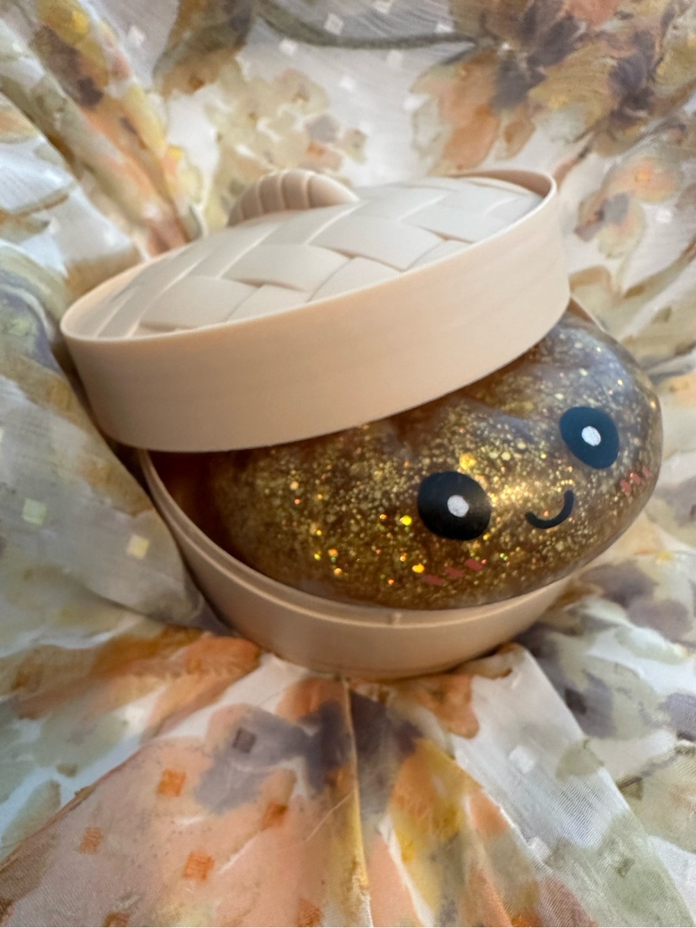 Gold Glitter Kawaii Squish Toy with Beige Basket Case - Kids Other